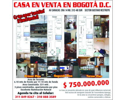 SE VENDE CASA EN BOGOTÁ D.C.